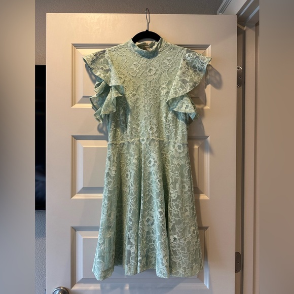 Anthropologie Maeve Mock Neck Lace Mini Dress in Moss Green - Picture 5 of 10